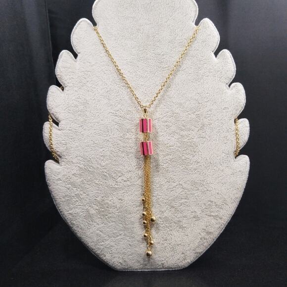 Talbots Gold Tassel Long Necklace, Red Enamel Beads, New With Tags - Picture 6 of 8